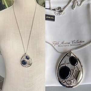 FAC Genuine Black Onyx & CZ Silver Tone Long Necklace​​
